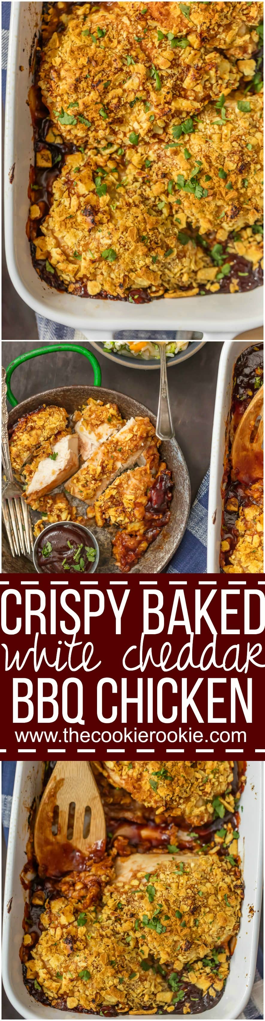 This CRISPY BAKED WHITE CHEDDAR BBQ CHICKEN only has 3 ingredients and so much flavor! So simple to make and sure to please the entire family. This is our go-to easy dinner recipe!