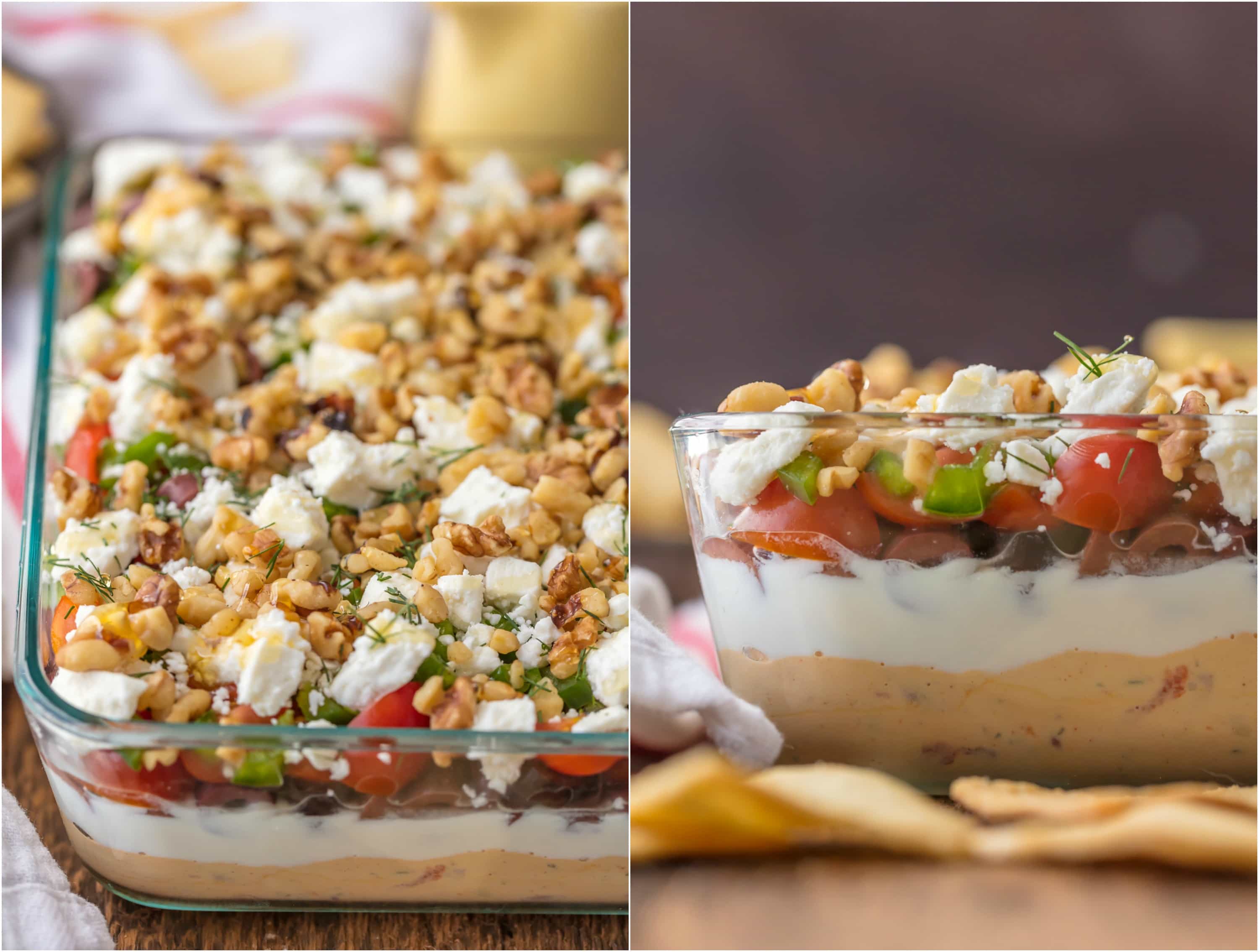 GREEK 7 LAYER DIP is a fun twist on a classic appetizer. This delicious dip is the perfect sharable app for Christmas, NYE, or any reason for tailgating. Layers of hummus, greek yogurt, feta, and so much more make it SO addicting!