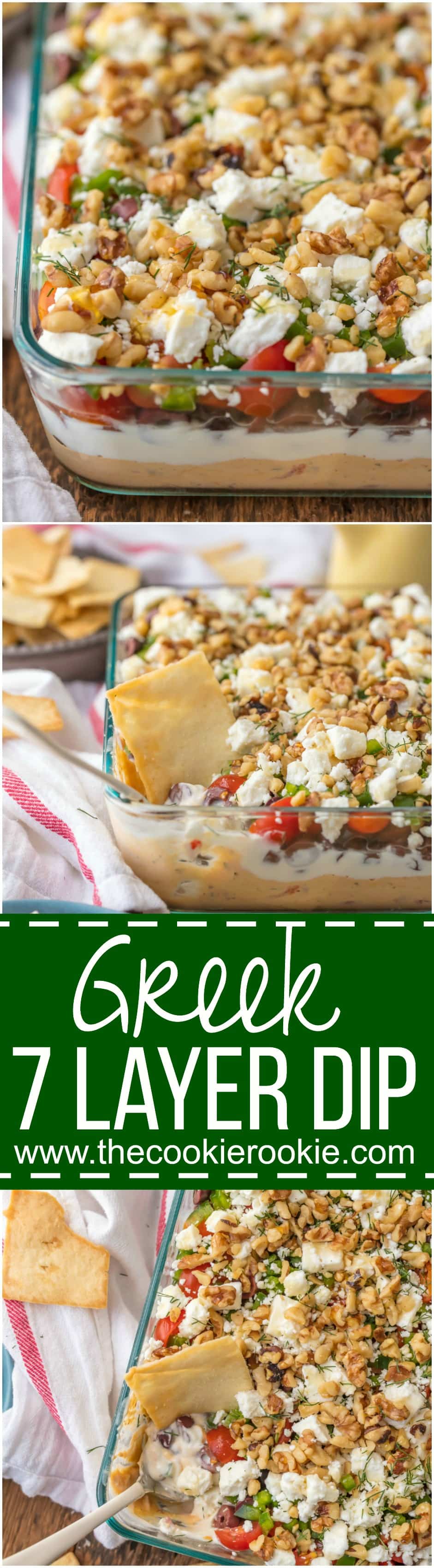 GREEK 7 LAYER DIP is a fun twist on a classic appetizer. This delicious dip is the perfect sharable app for Christmas, NYE, or any reason for tailgating. Layers of hummus, greek yogurt, feta, and so much more make it SO addicting!