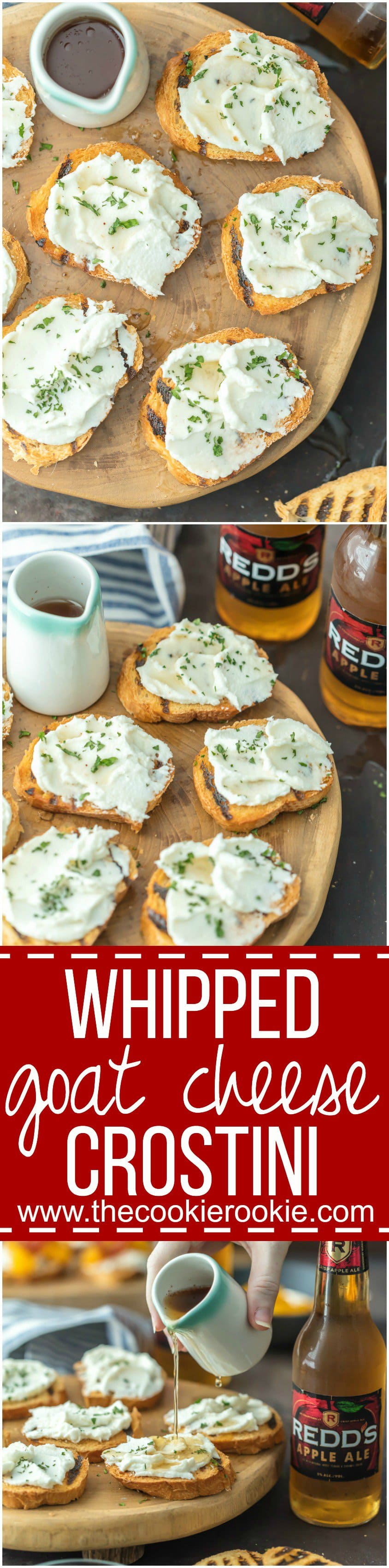 WHIPPED GOAT CHEESE CROSTINI made with an apple ale reduction is the perfect easy appetizer for any occasion. SO simple but so much flavor!!