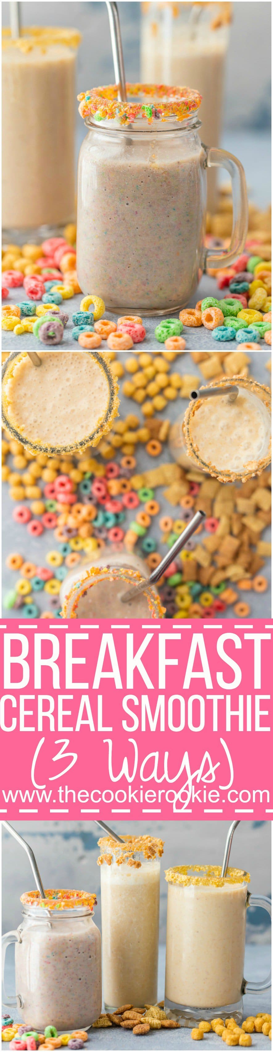 Breakfast Cereal Smoothie (3 Ways!) is a fun, healthy, and easy breakfast the entire family with love! Blend your favorite cereal with milk, bananas, and ice and you're in business! Customizable for any flavor. SO FUN!