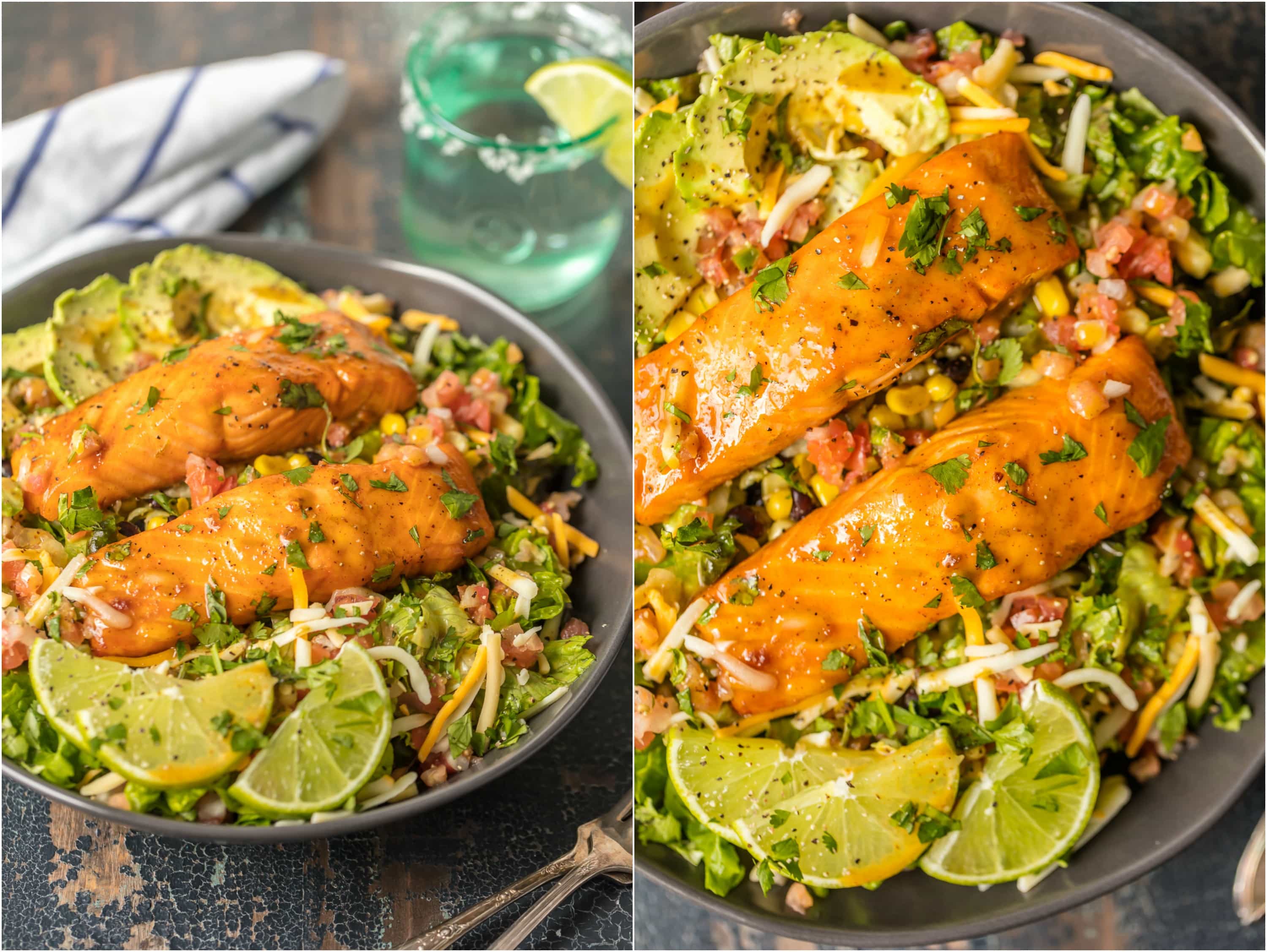 This TEQUILA LIME SALMON SALAD is the perfect hearty and delicious salad for any occasion! Salmon topped with a spicy tequila lime marinade and laid atop a bed of lettuce, corn, beans, avocado, pico, and more! SO MUCH FLAVOR!